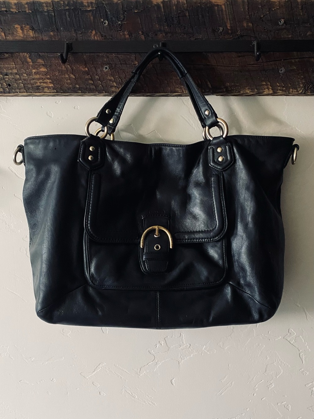 Coach Black Leather Tote with Front Buckle Pocket